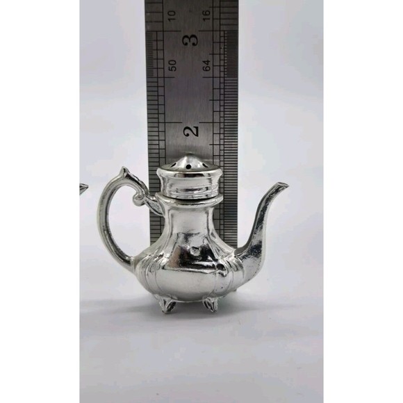 Vintage Miniature Teapot Souvenir Salt & Pepper Shakers Heavy Metal Silver 1.5" - Picture 8 of 8